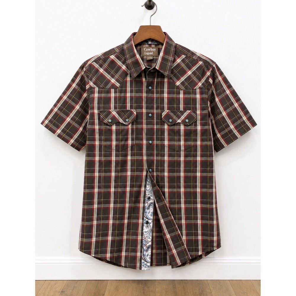 Cowboy Legend Men's Western Pearl Snap Shirt XL Brown Plaid Short Sleeve